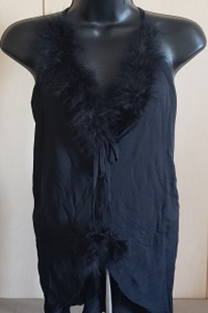 BLACK FRONT SPLIT MARABOU DRESS WITH TIE.SS